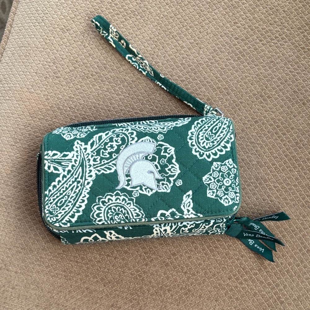 EUC Vera Bradley Green Paisley Wristlet with Michigan State MSU Spartan Logo